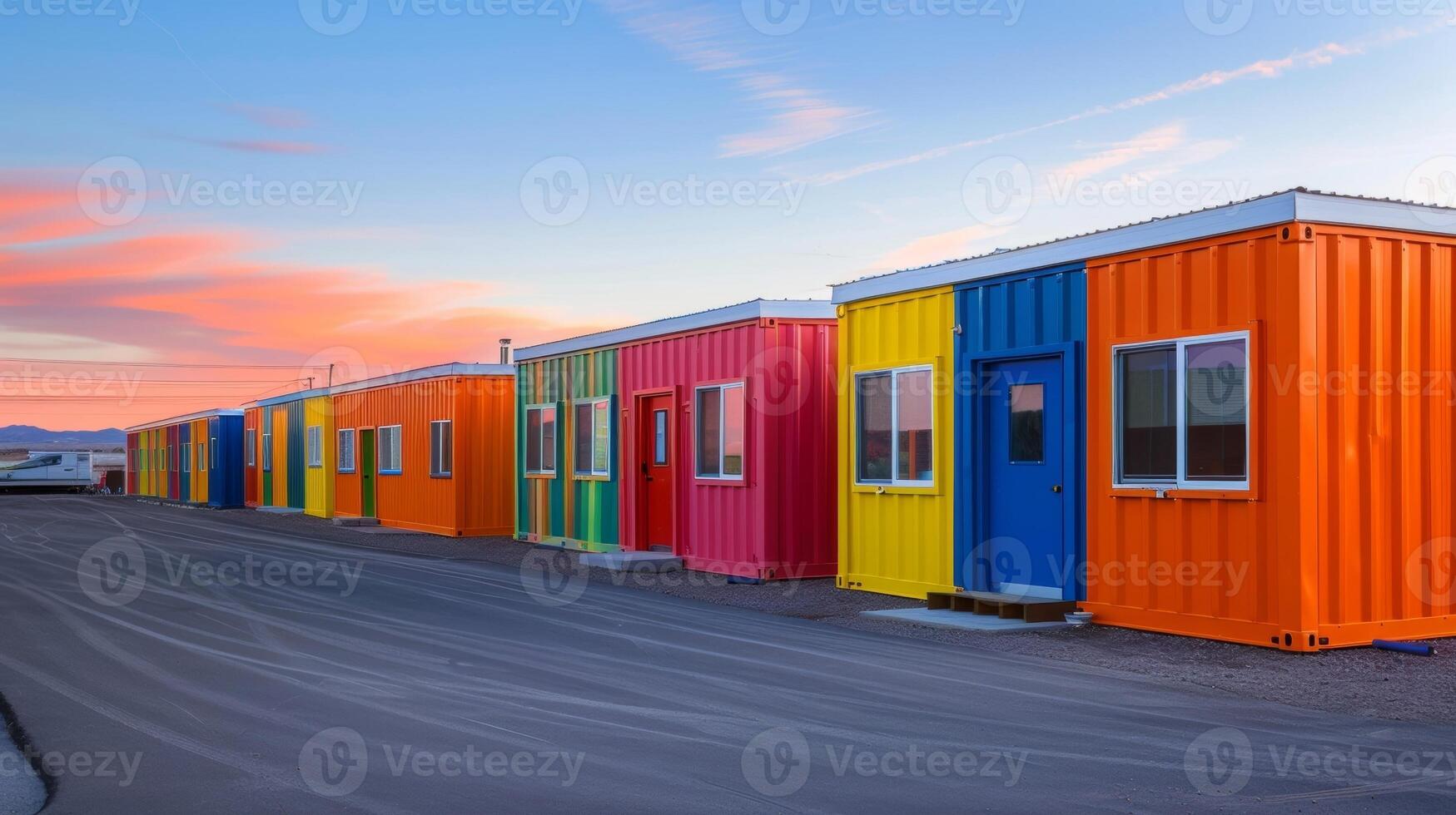 A vibrant mix of temporary buildings and structures serving as onsite offices break rooms and storage facilities photo