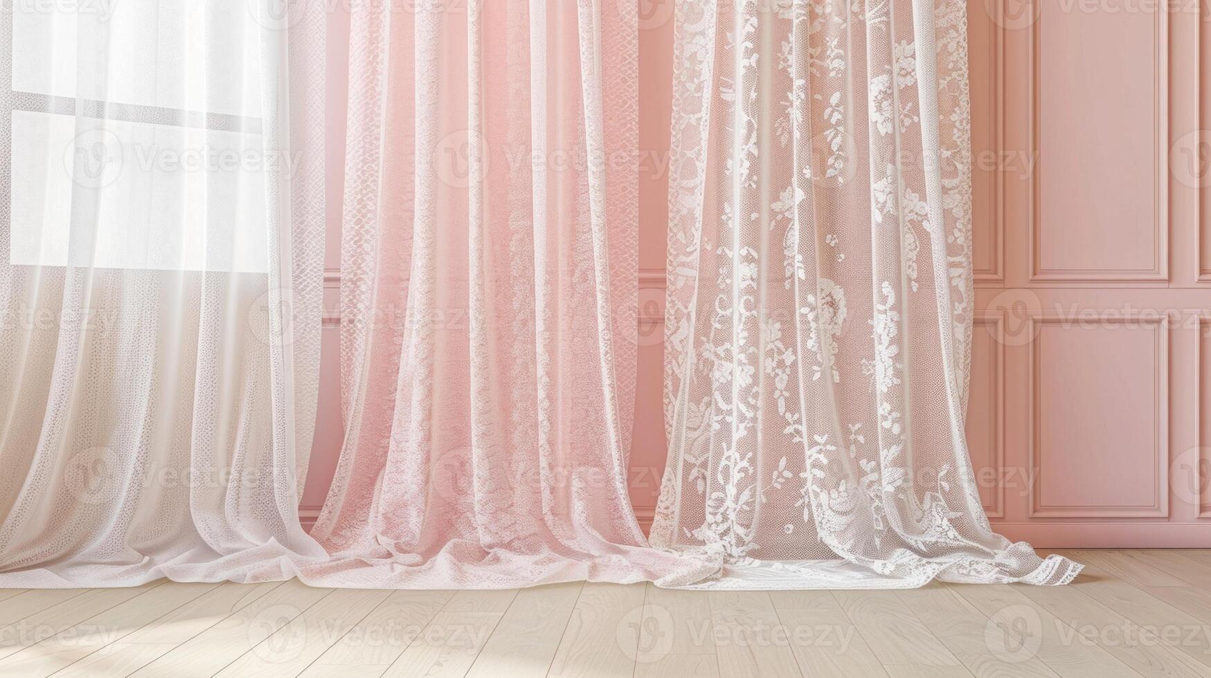 Blank mockup of a romantic shower curtain with a delicate lace pattern and soft pastel colors. photo