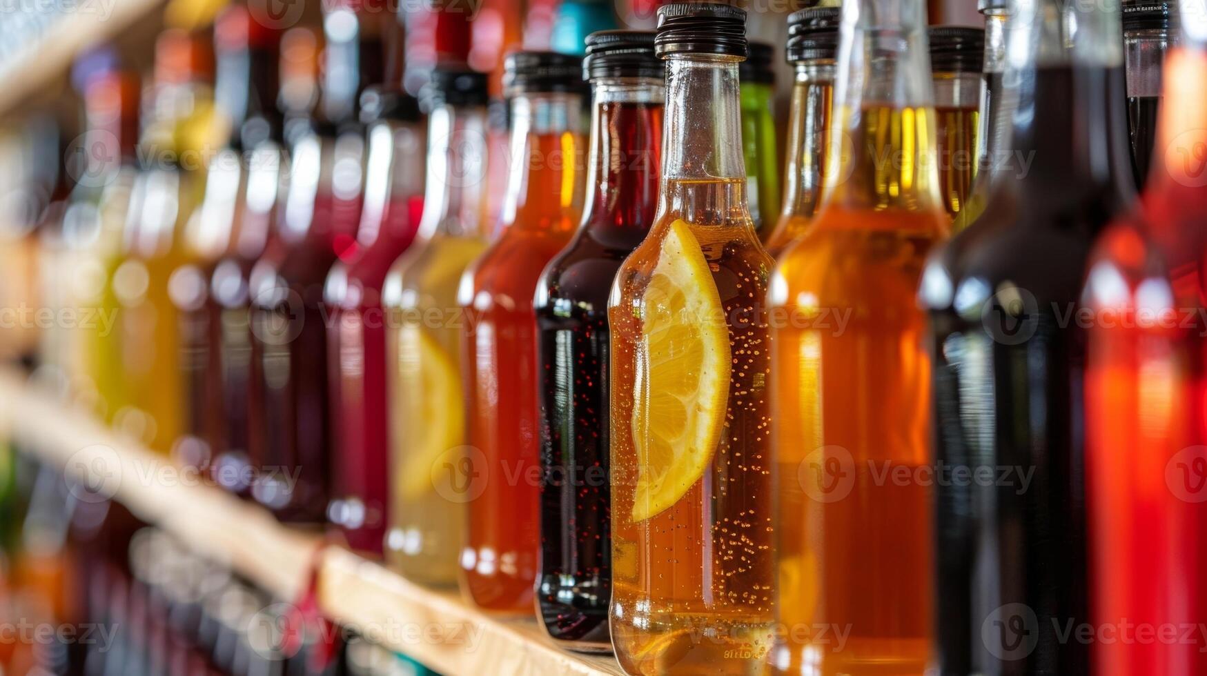 A shelf lined with rows of glass bottles each containing a different flavor of nonalcoholic fruit wine made at home with fresh ingredients photo