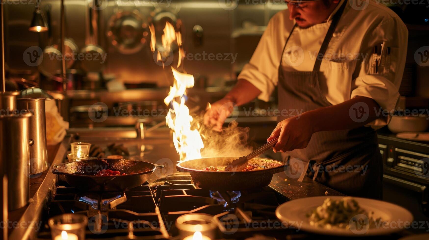 As the candles burn steadily the instructor demonstrates how to use various cooking techniques to achieve the perfect dish. 2d flat cartoon photo