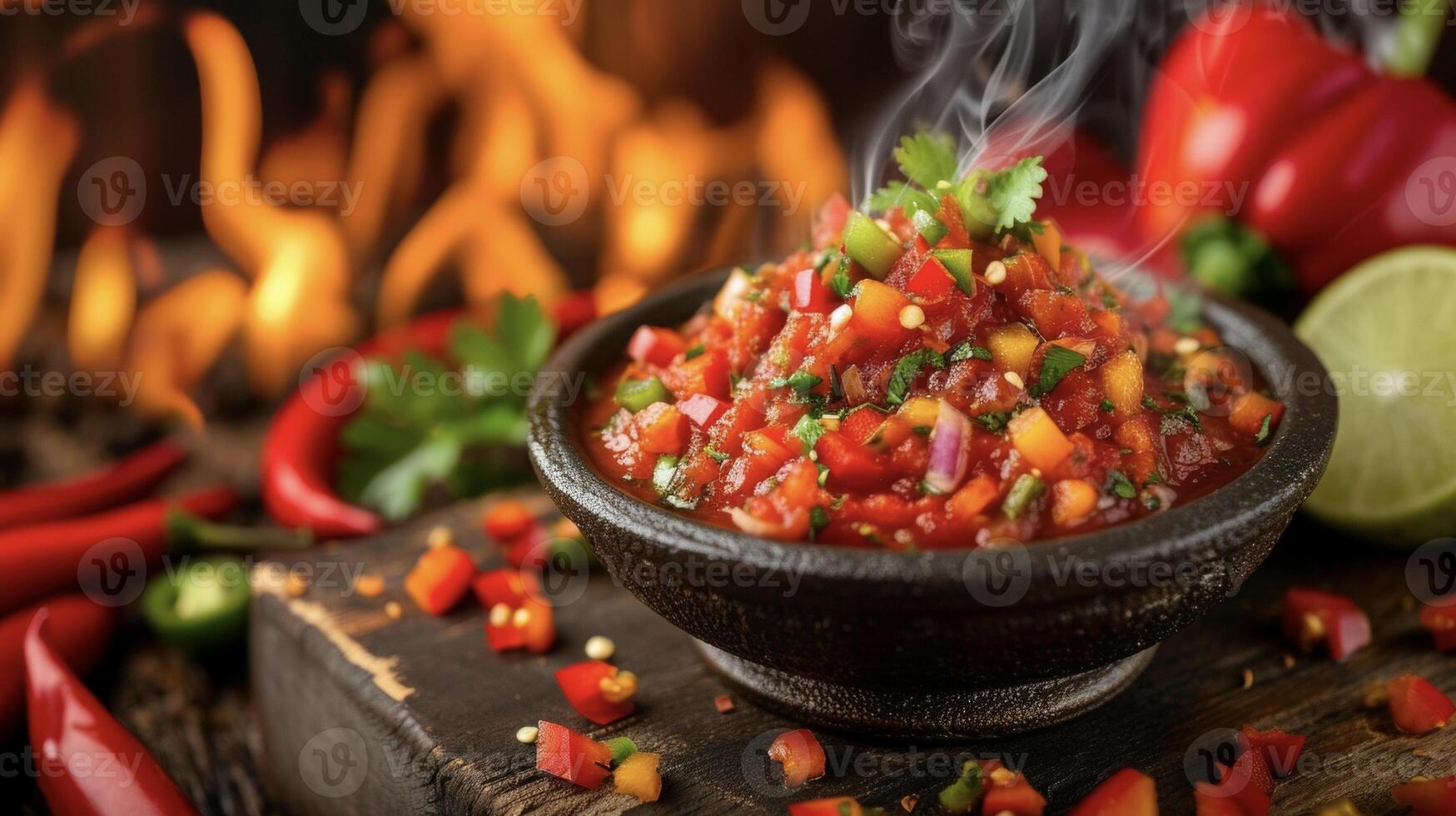 Get ready to feel the burn with this blazing salsa featuring fiery habanero peppers and flames in the background. A bold and delicious choice for e lovers photo