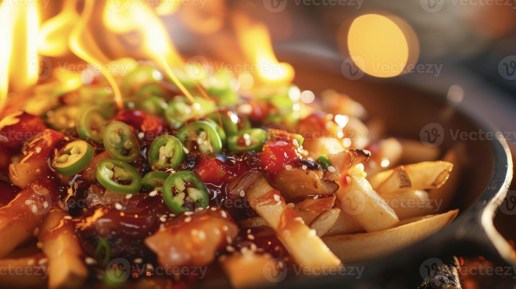 Experience a fiery twist on a clic Canadian dish with this blazing hot poutine topped with jalapenos diced tomatoes and a kick of habanero hot sauce guaranteed to e up an photo