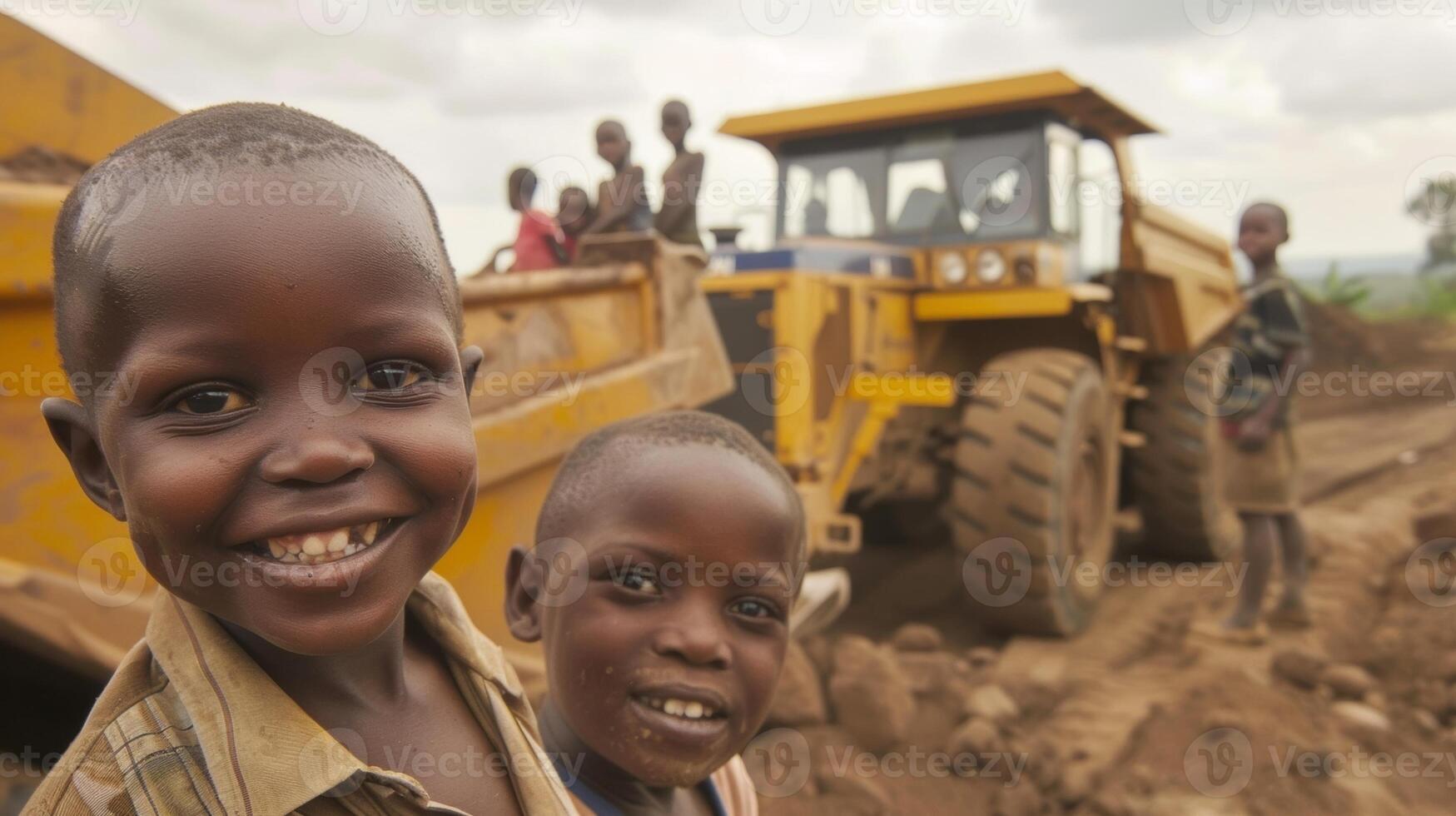 con amplio ojos y grande sonrisas el niños ansiosamente reloj como excavadoras y tugurio camiones trabajo juntos a claro el tierra para un nuevo edificio foto