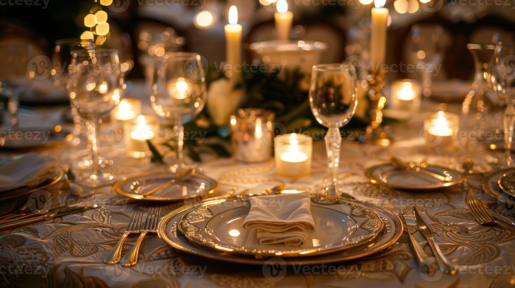 un mesa adornado con elegante ropa de cama pulido cubiertos y parpadeando velas conjuntos el escena para un cero alcohol gastrónomo experiencia foto