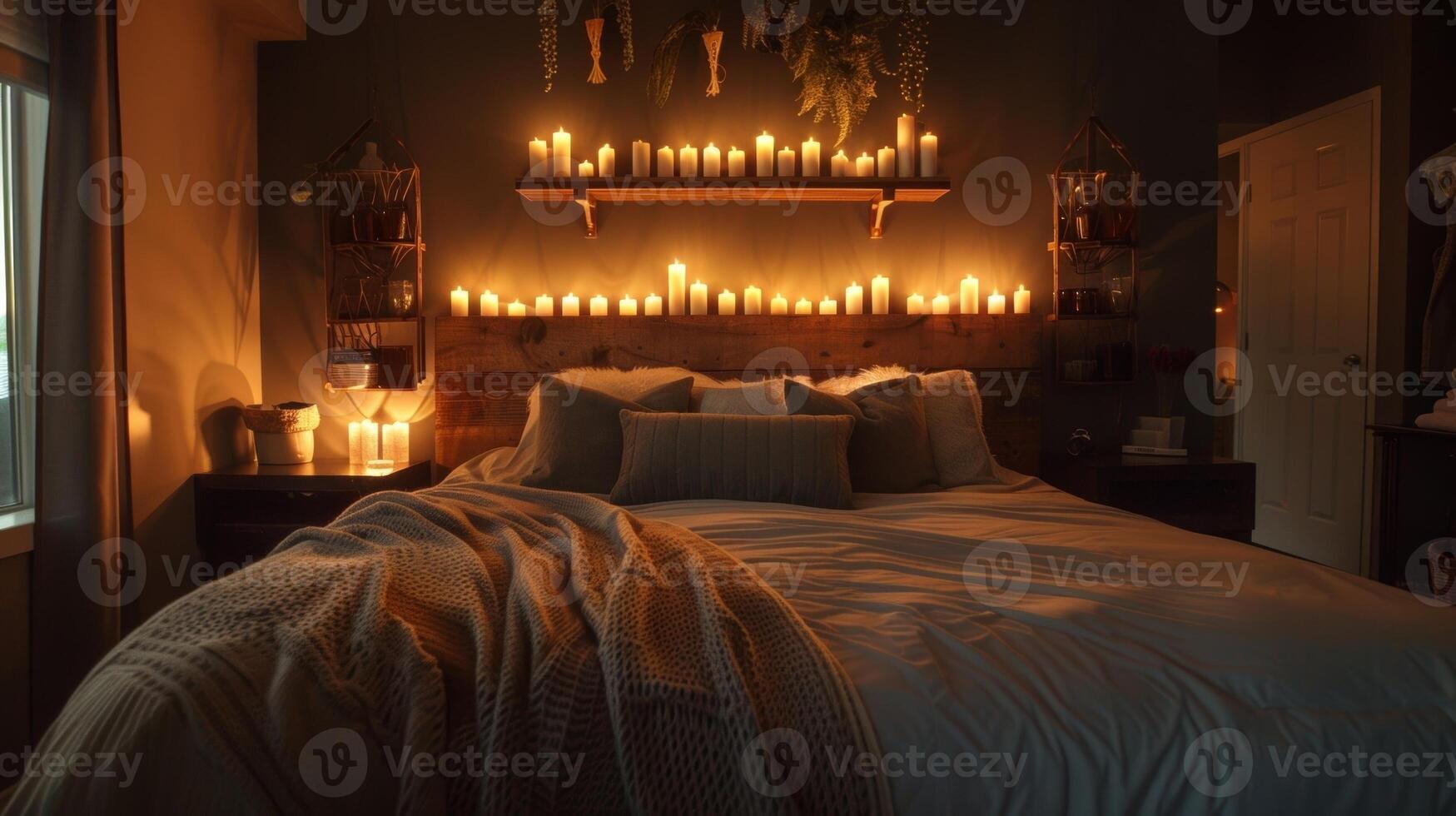 A bedroom transformed into a peaceful sanctuary with the addition of delicate candles suspended above the bed. 2d flat cartoon photo