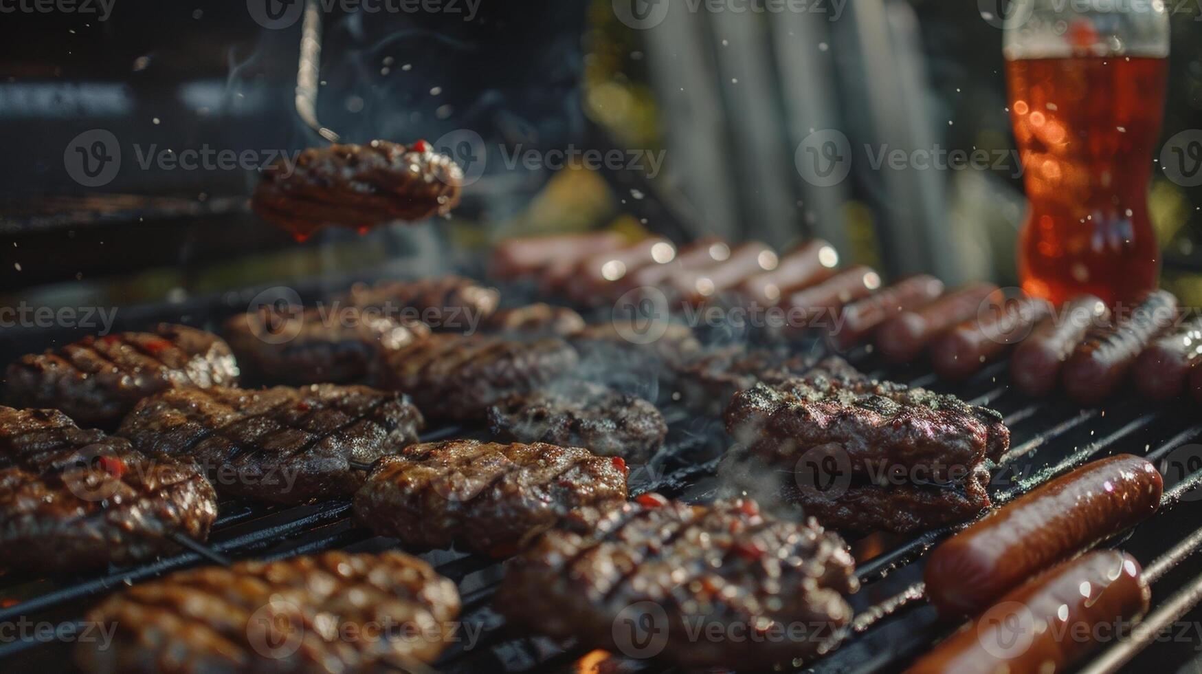 el parrilla Maestro expertamente voltea hamburguesas y caliente perros de vez en cuando tomando un sorbo de un frío soda Entre voltear foto