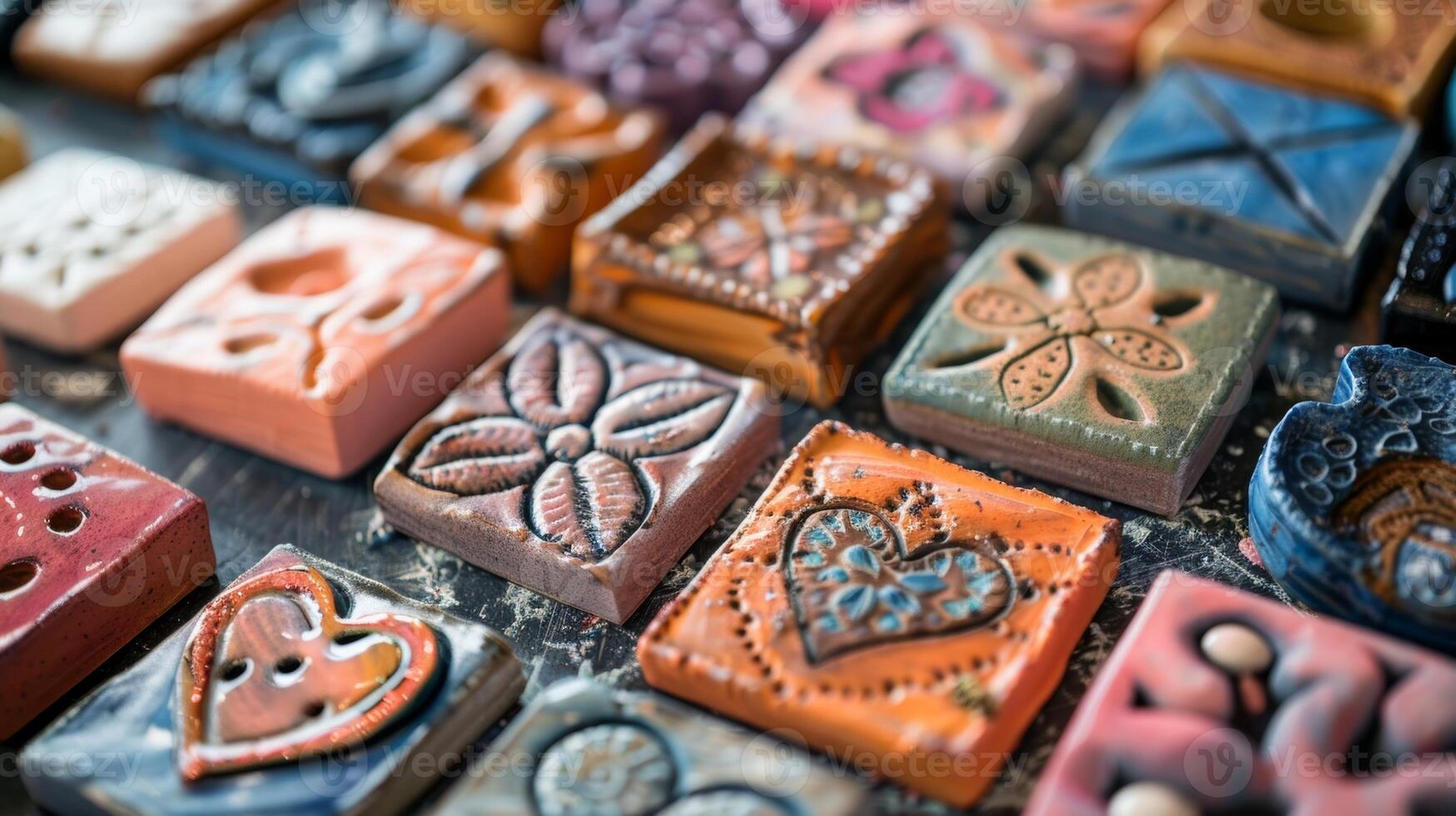 A variety of different shaped and sized clay nameplates each one personalized with unique designs and text. photo