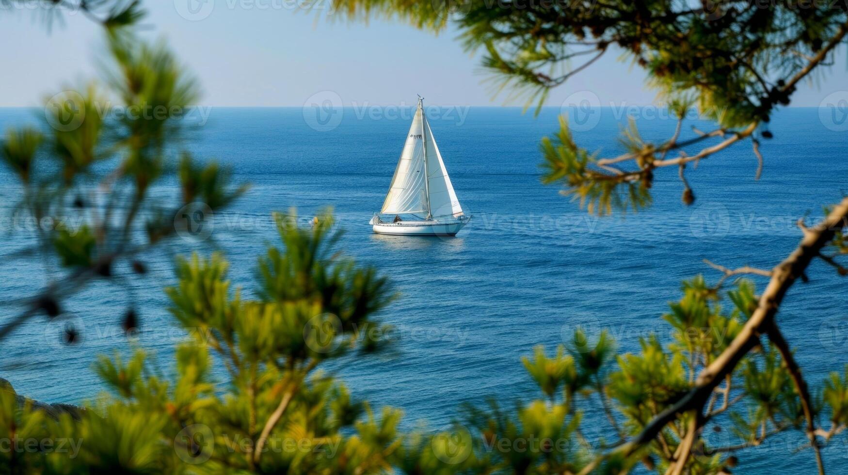 The coastline in the distance as a sailboat heads out to sea leaving behind all the stresses and distractions of daily life photo