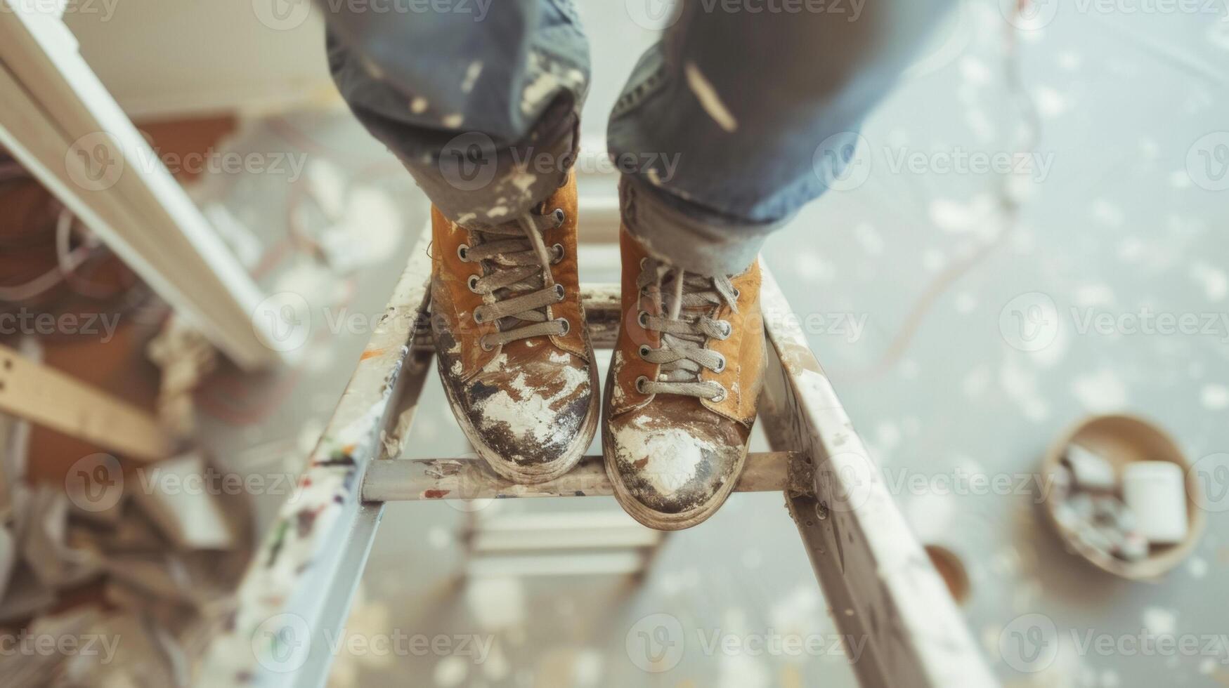 A persons feet covered in paint smudges and standing atop a ladder working on the ceiling of a room photo