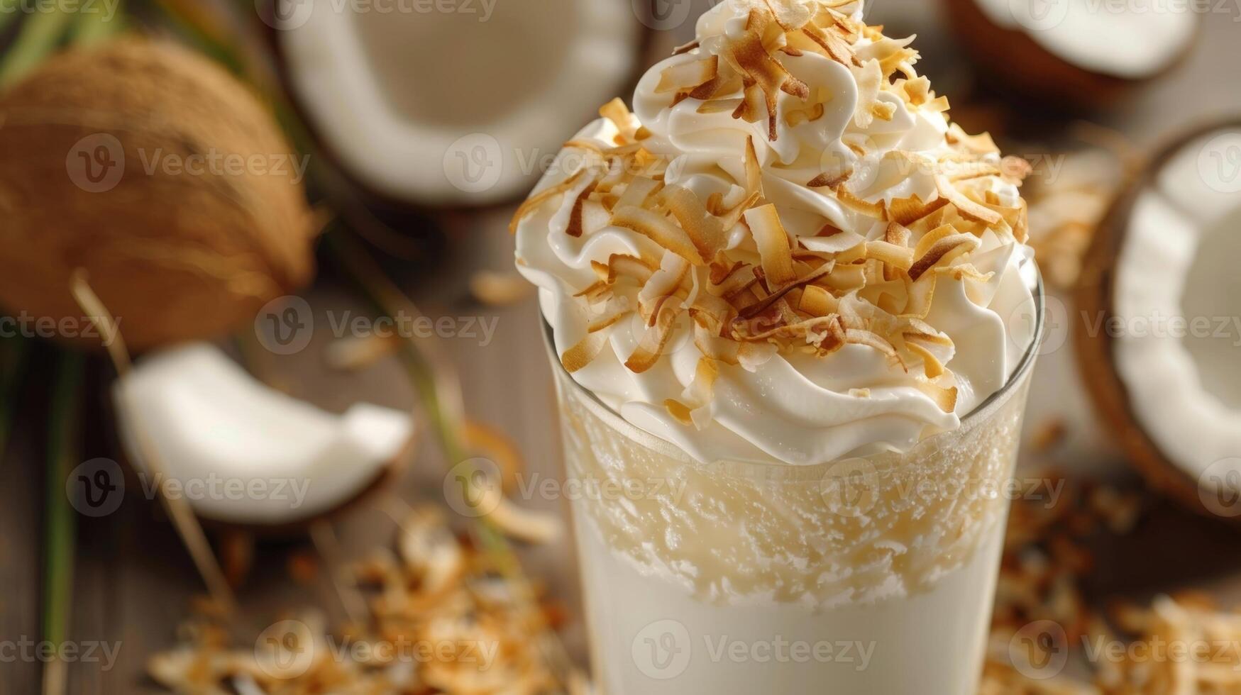 A rich and velvety coconut milkshake topped with whipped cream and a sprinkle of toasted coconut flakes photo