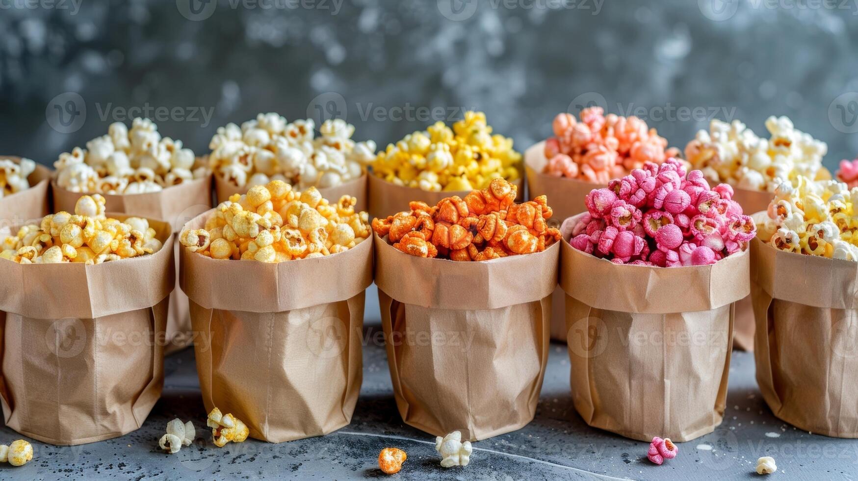 A variety of mini popcorn bags lined up on a table with flavors ranging from buffalo wing to truffle garlic photo