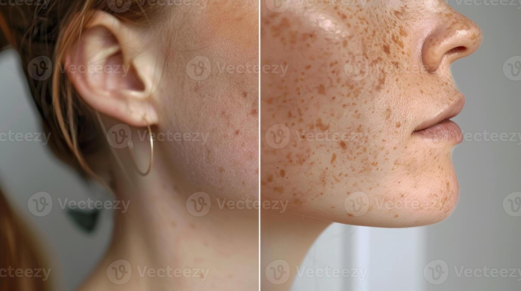 A closeup of a before and after shot of a womans neck revealing a visible decrease in age spots and heightened firmness. photo