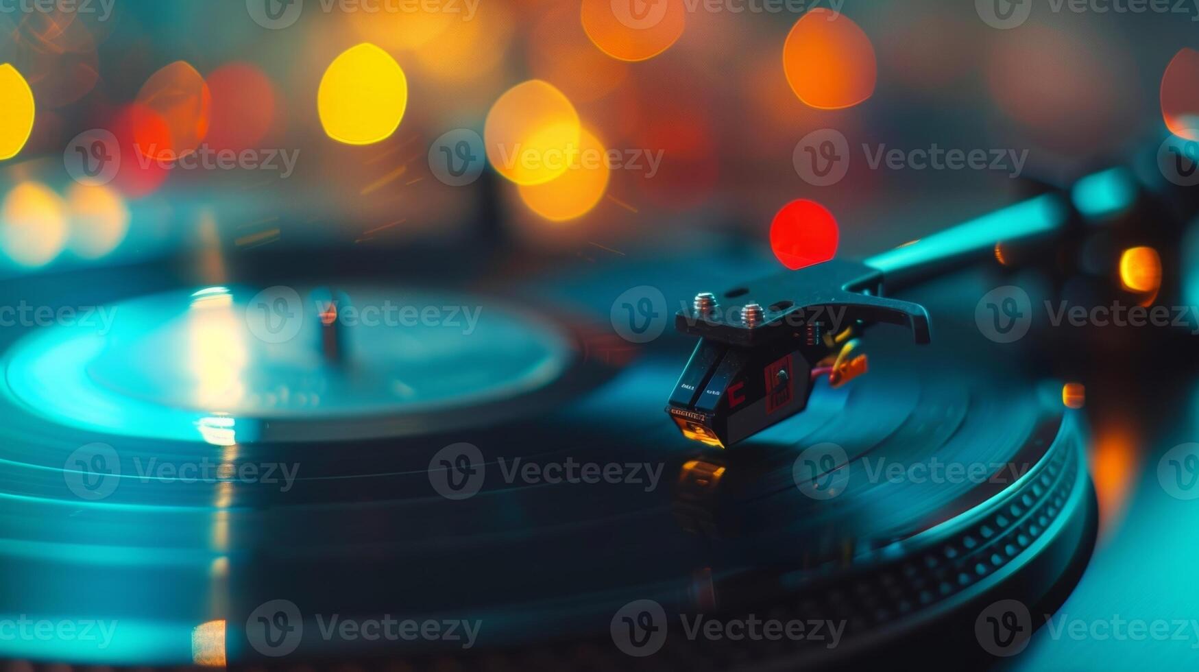 A record players needle glides gracefully along the grooves of a vinyl record producing smooth melodies photo