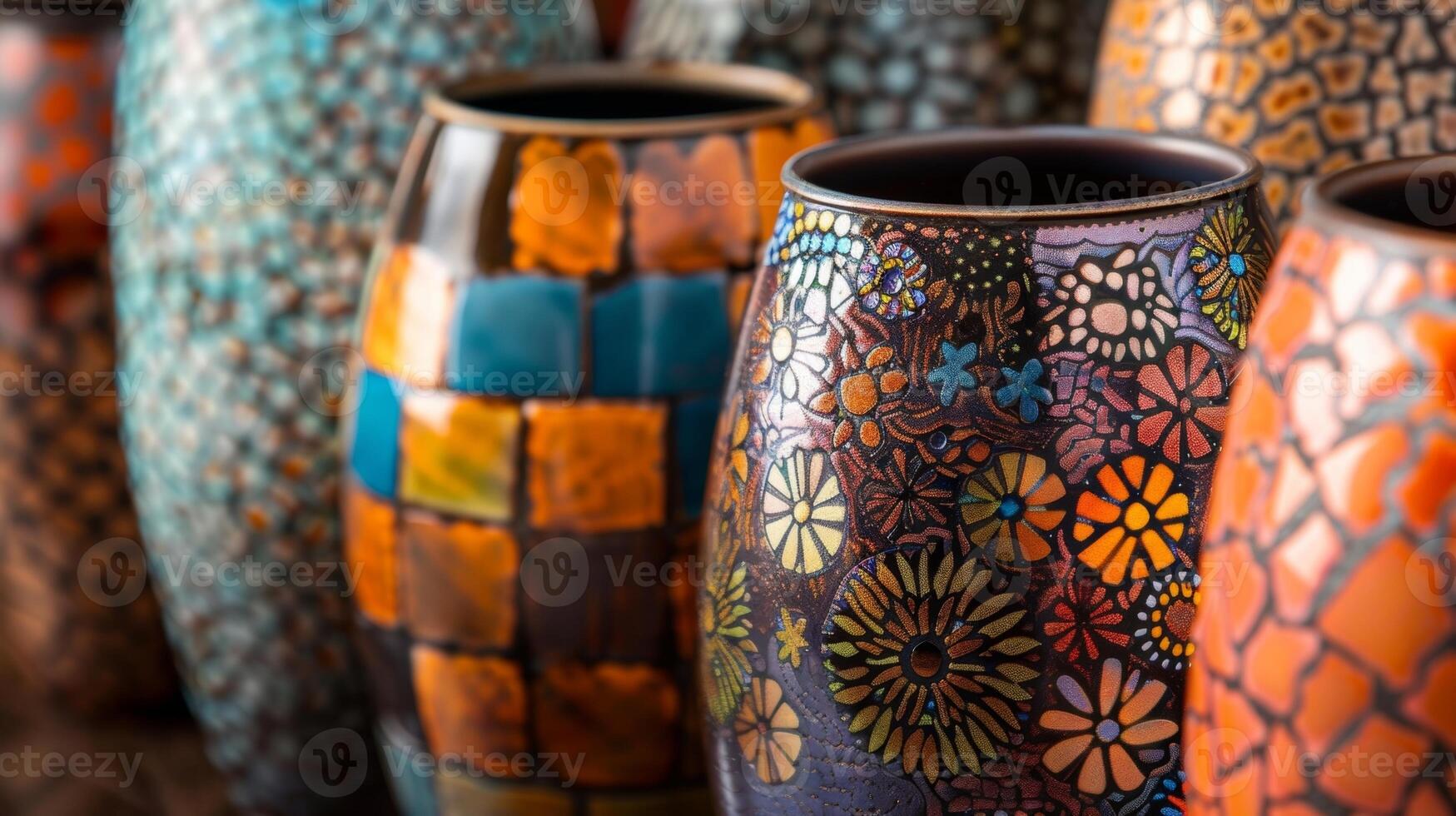A set of ceramic vases with a glossy finish showcasing a mosaic of different patterns and colors. photo