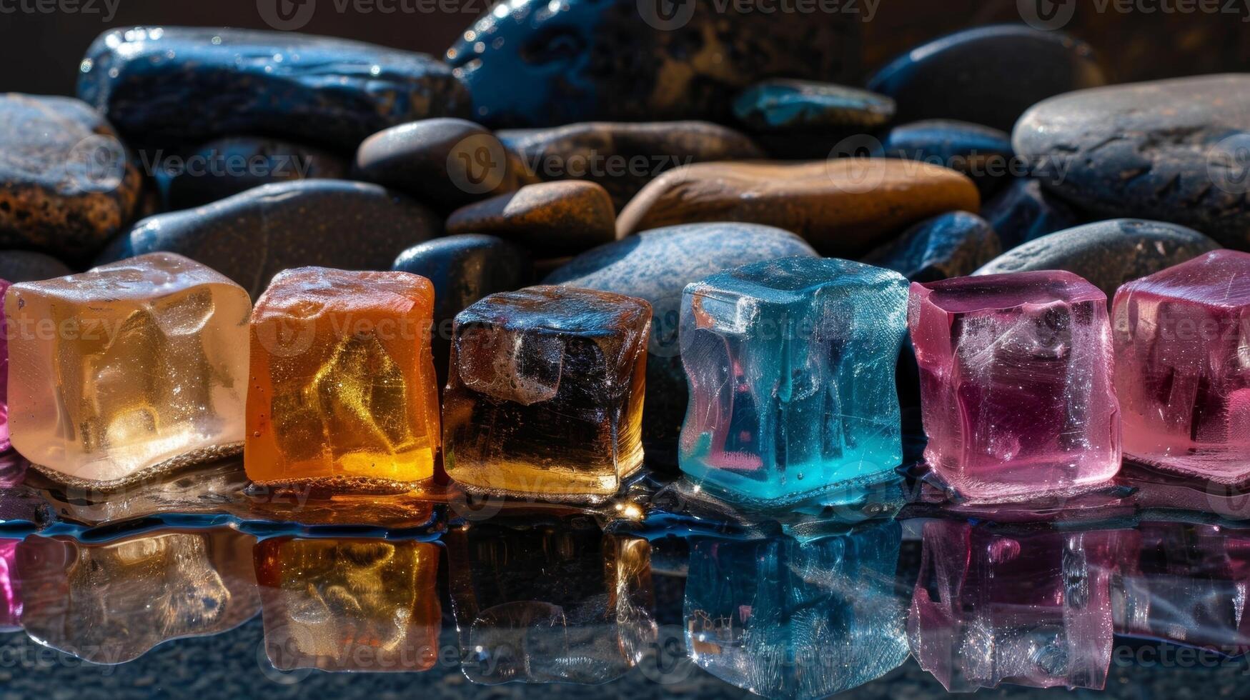 An array of colorful icy cubes are displayed next to a pile of hot stones symbolizing the contrast between cold therapy and sauna heat. photo
