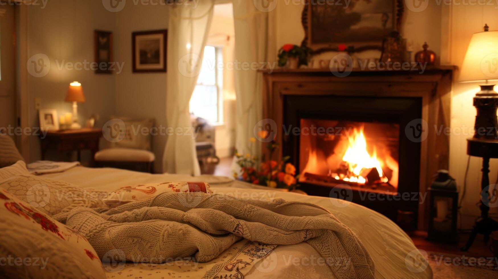 The flickering flames of the fireplace cast a soft light over the cozy bed and breakfast creating a tranquil and welcoming atmosphere. 2d flat cartoon photo