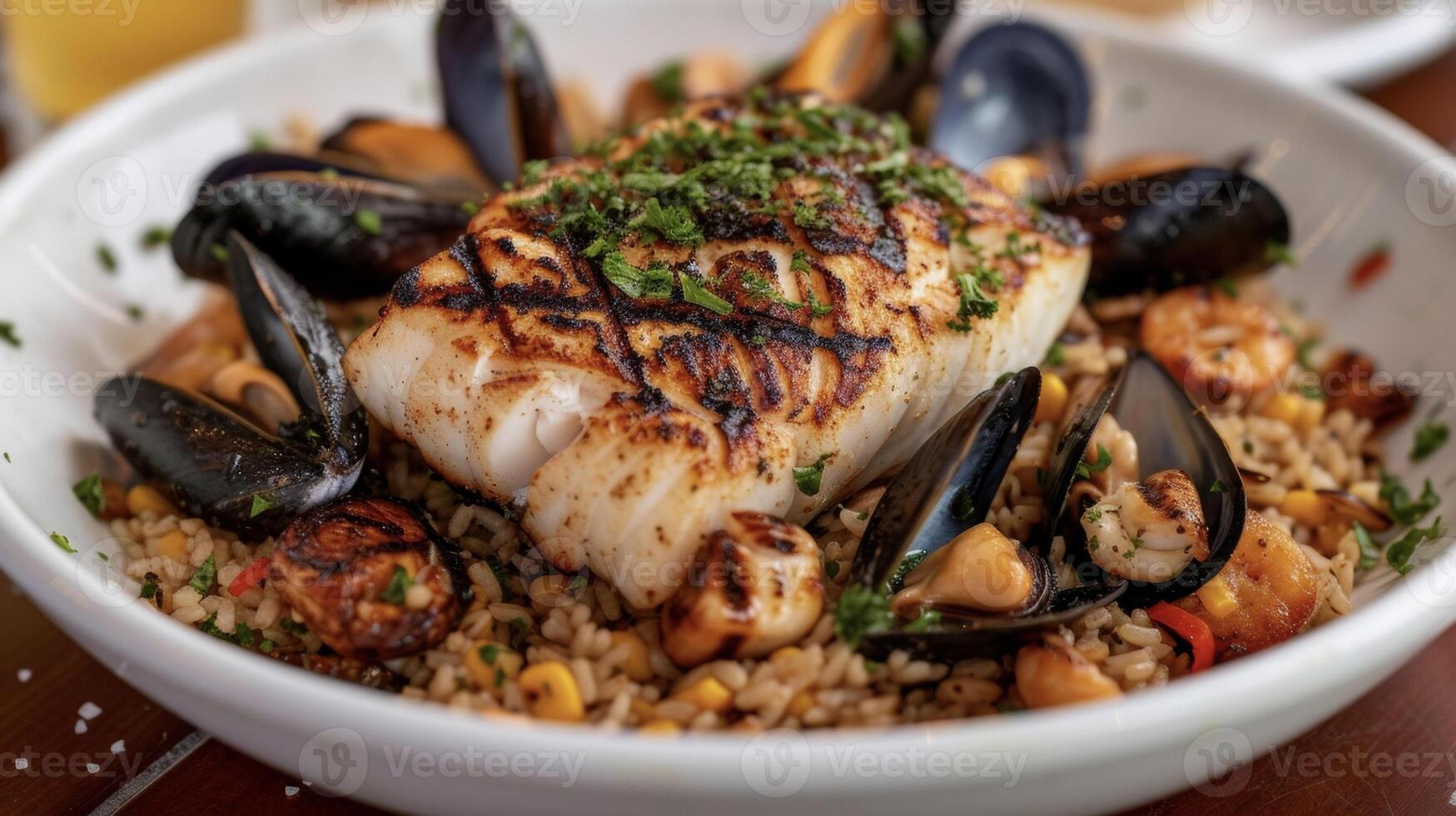 A medley of woodgrilled seafood including flaky cod meaty swordfish and plump mussels served on a bed of fragrant wild rice. The combination of the smoky grill and slightl photo