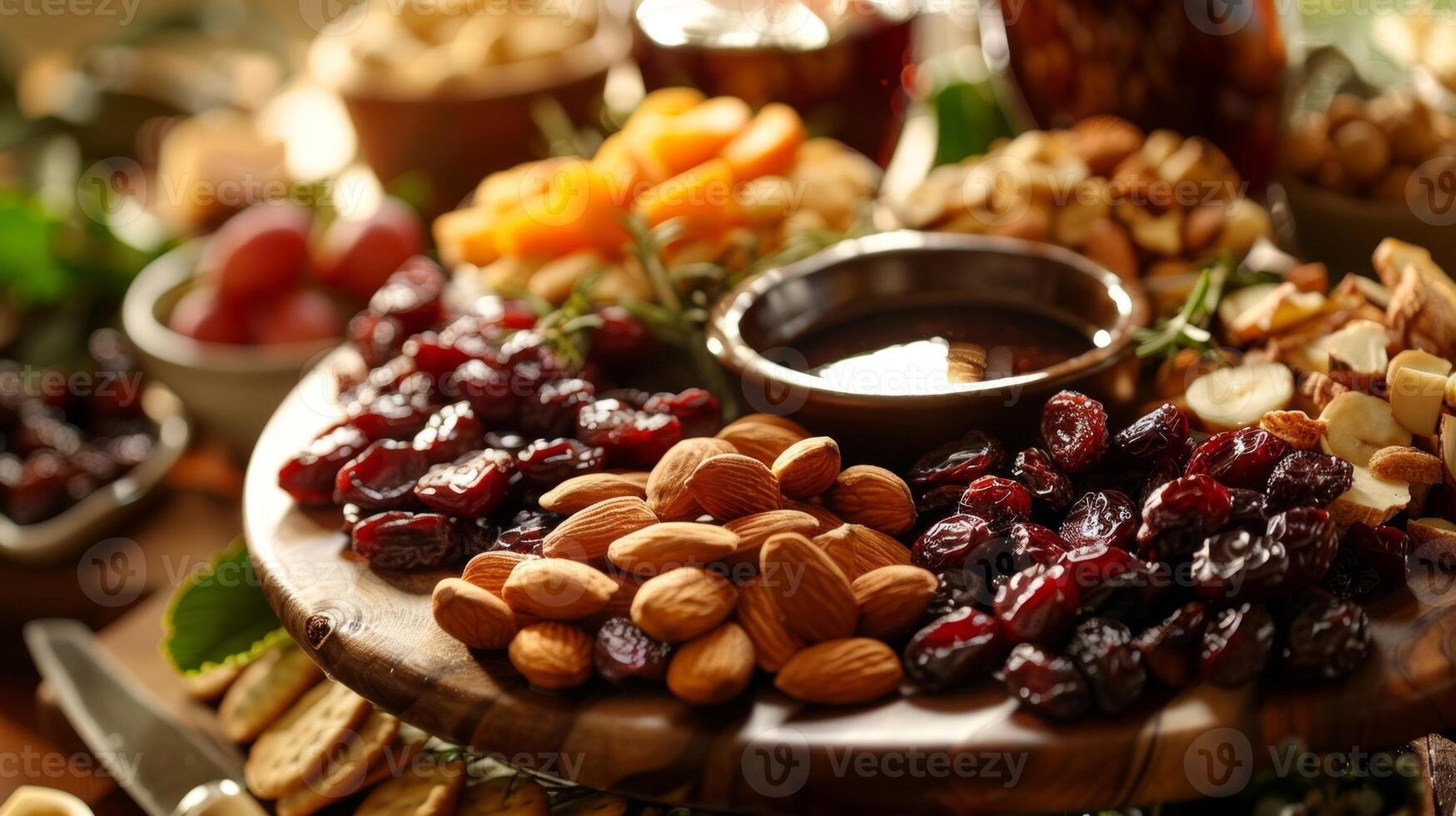 A platter of dried fruit and nuts as a starter served with artisanal crackers and y dips photo