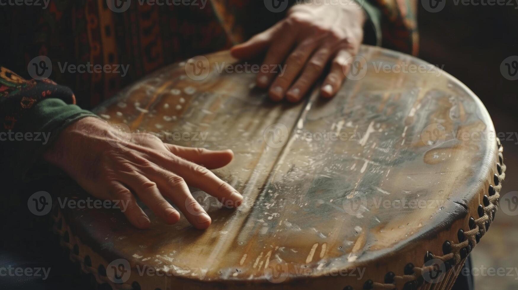 un actuación por un talentoso Bodhran jugador su manos Moviente con rapidez y hábilmente terminado el tambor agregando un rítmico golpear a el En Vivo música foto