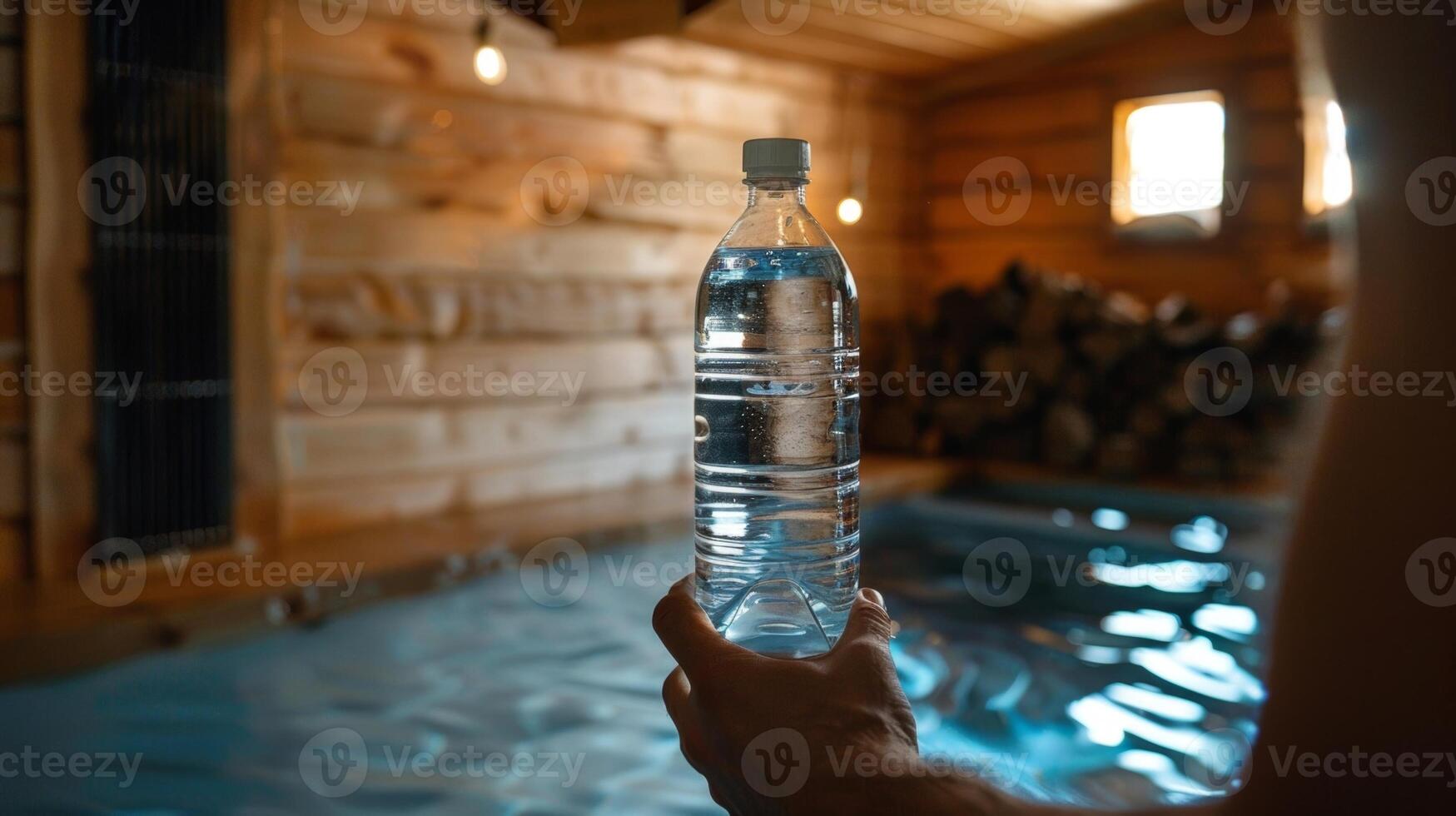 un persona sostiene un botella de agua como ellos salida el sauna reponiendo su fluidos después un sesión ese reducido su espalda dolor. foto