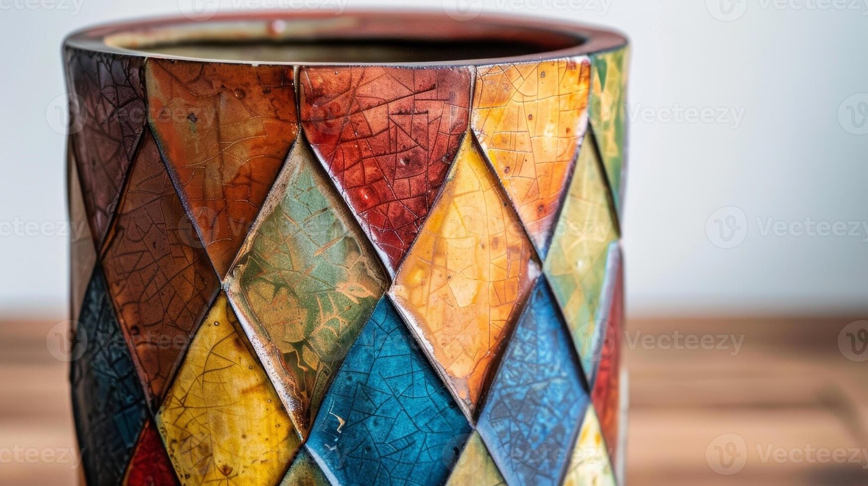 A cylindrical vase its smooth surface covered in textured diamond shapes in a range of bright colors from soda firing. photo