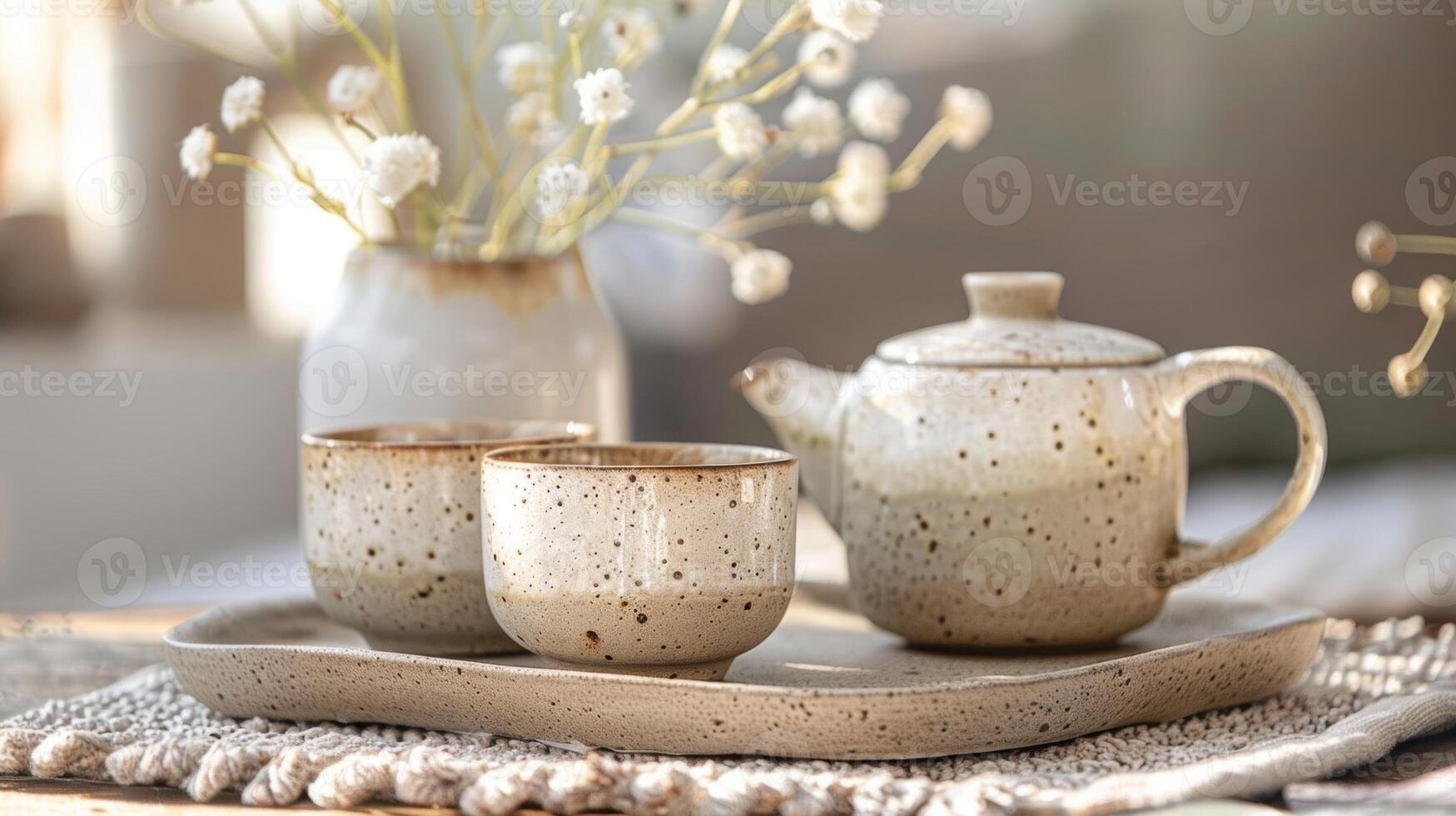 A rustic and earthy tea set featuring a speckled ceramic glaze in warm tones and unfinished edges bringing an organic and handmade touch to the set. photo