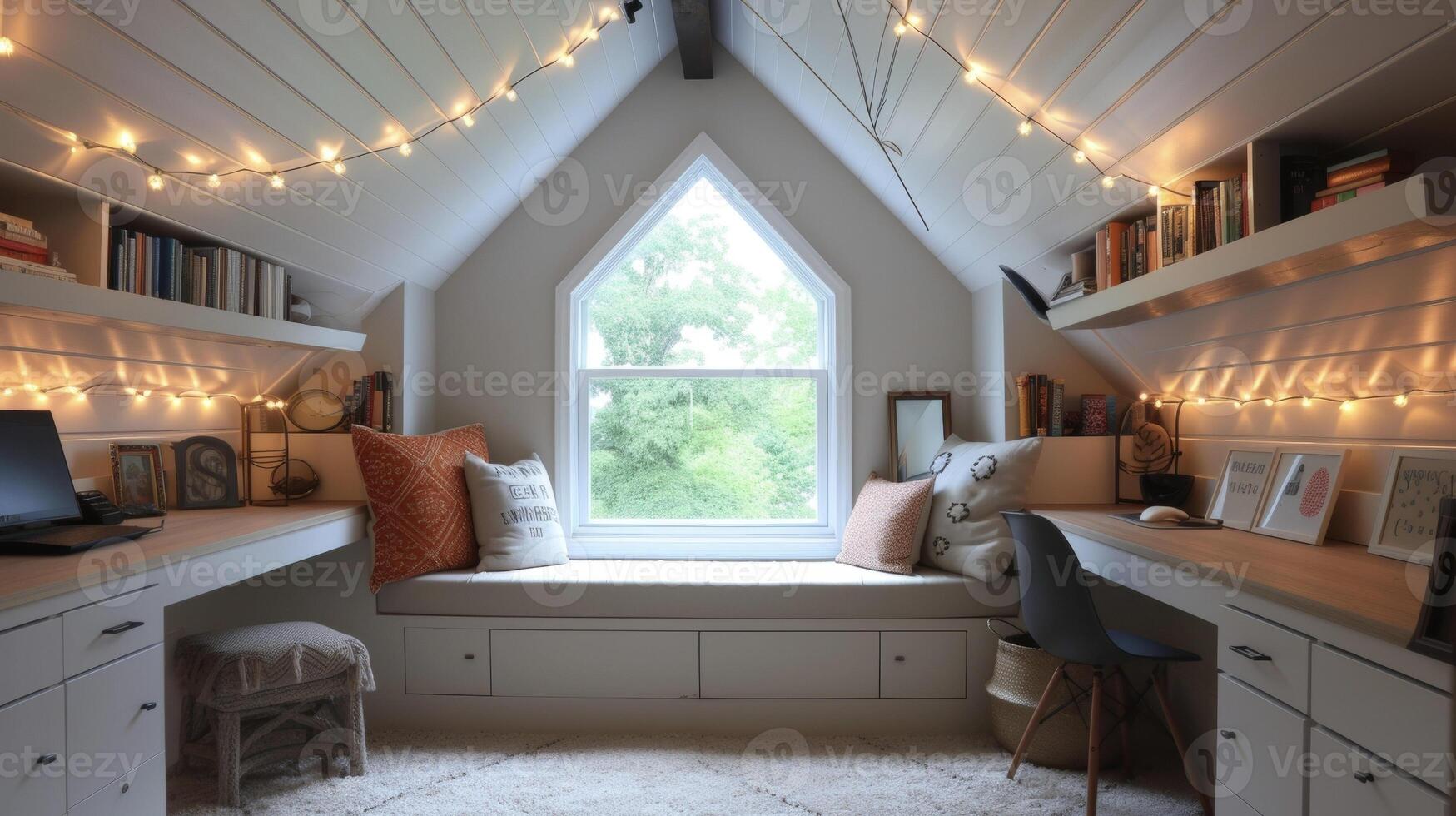 Turn your attic into a hidden workspace with builtin shelves and desk space for two a cozy window seat for a break from work and string lights for a cozy touch. Ideal fo photo