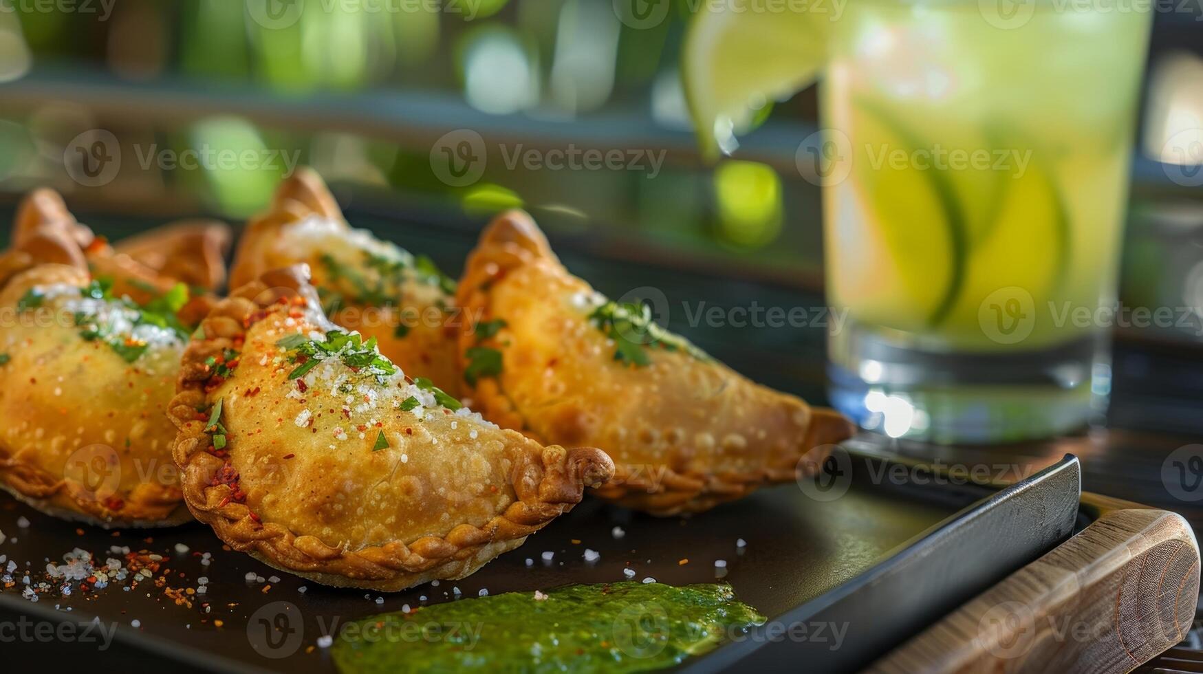 un bandeja de y vegano empanadas emparejado con un refrescante Pepino y melón Mocktail con un espolvorear de chile sal en el borde foto