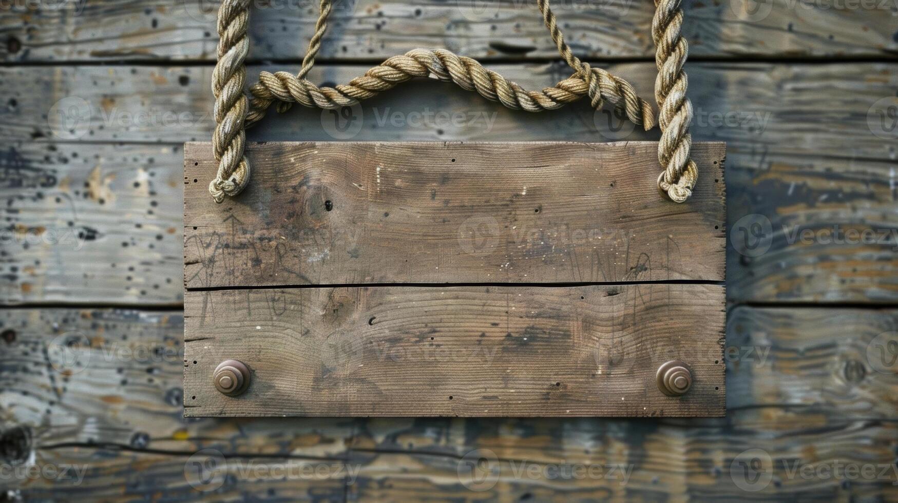 Blank mockup of a rustic pier sign with a distressed wood background and rope detailing. photo