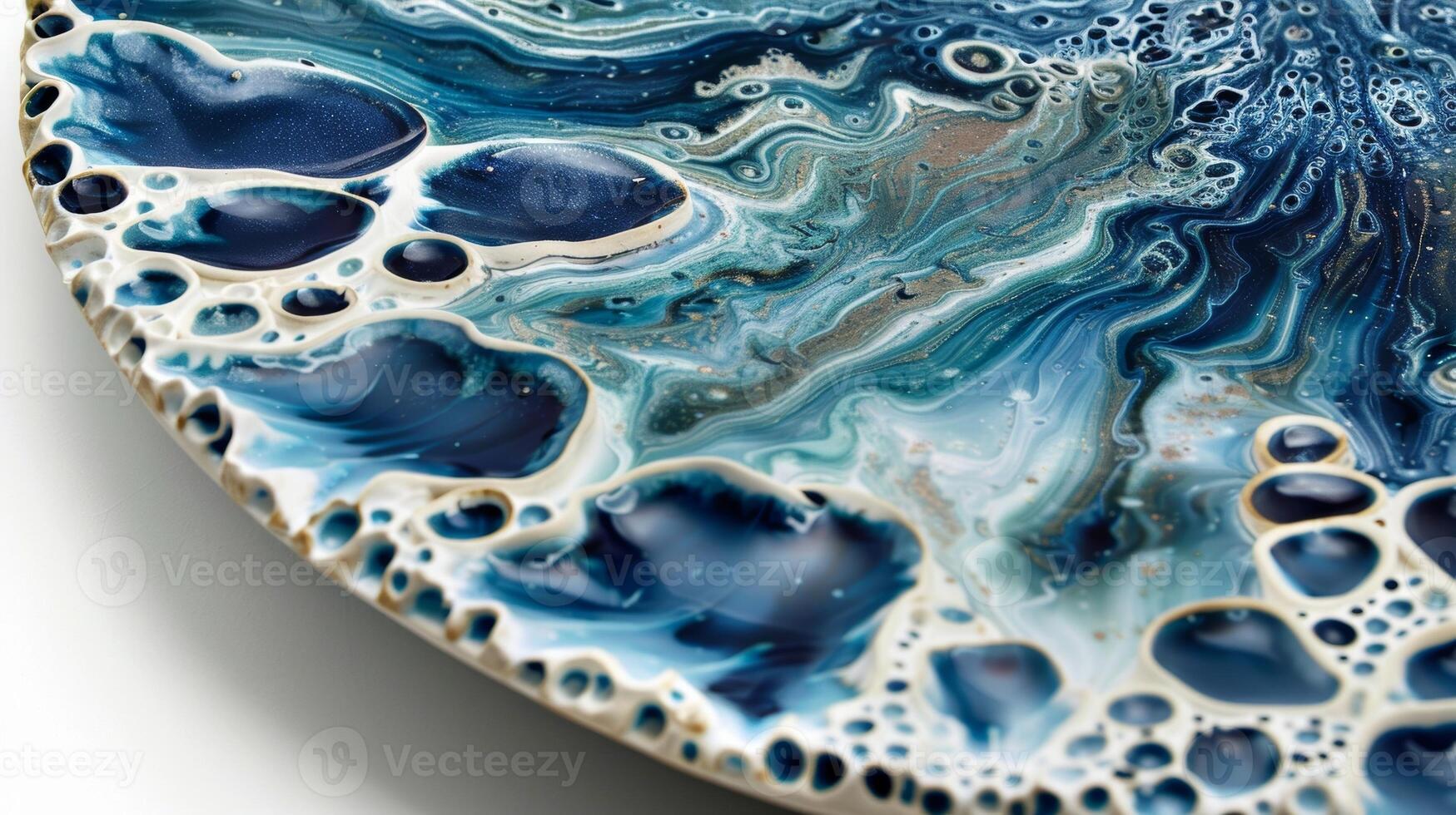 A platter with an intricate and abstract design of dark blue and white speckles created through the layering and vaporization of soda glazes in the firing process. photo