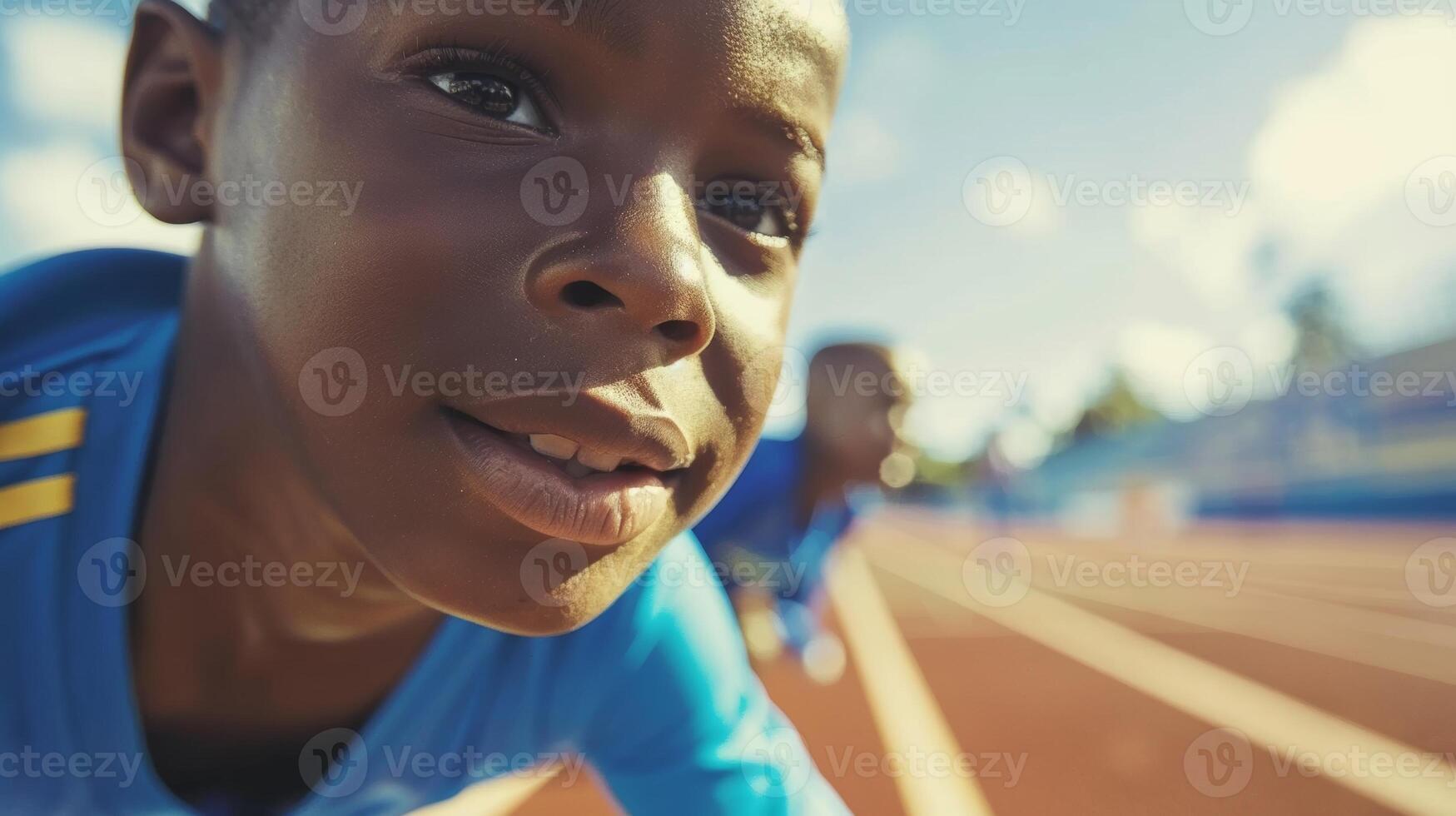 A young athlete watching in awe as an older enhanced athlete makes a recordbreaking jump in a hightech track and field event. photo