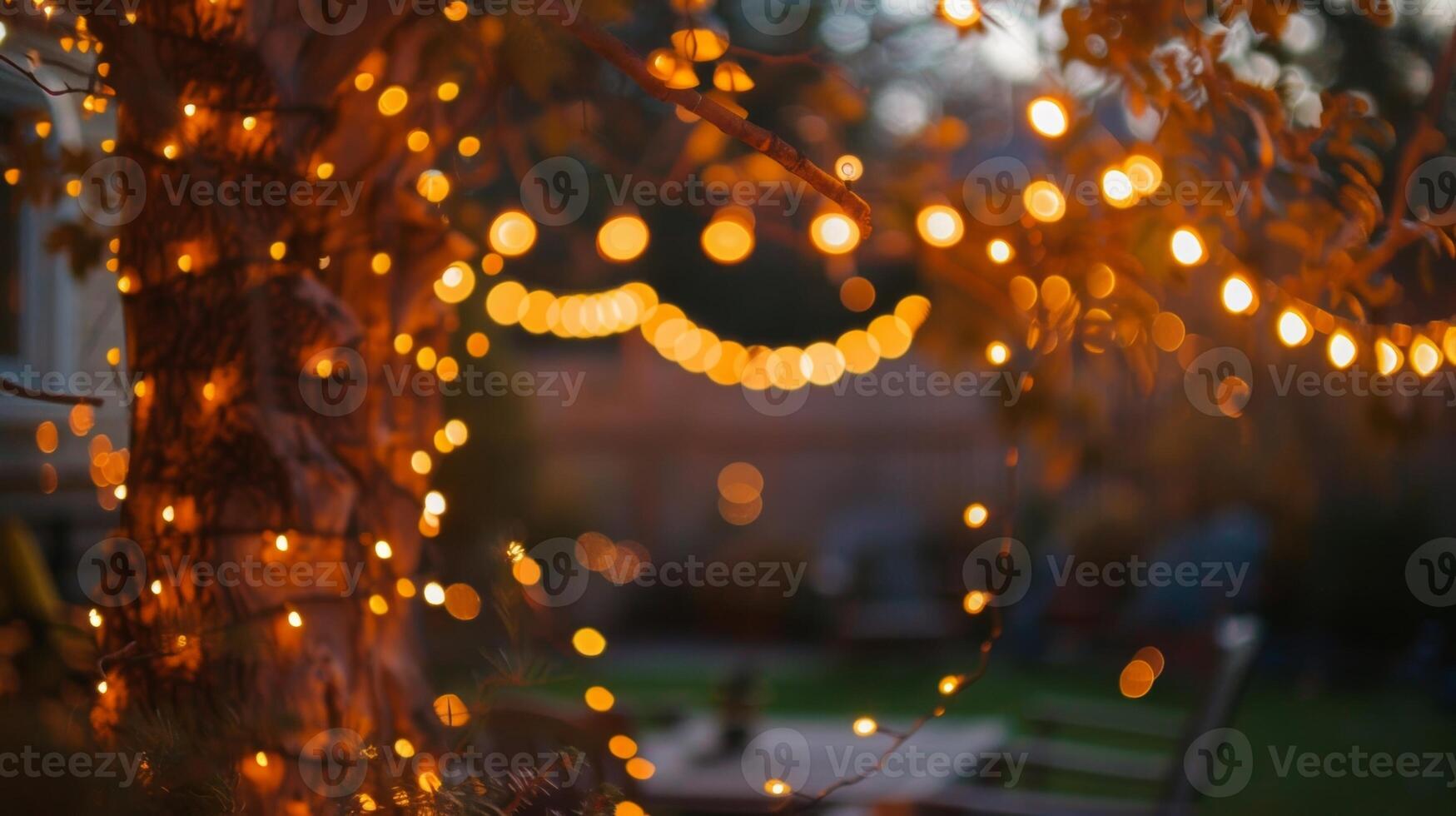A canopy of string lights creates a magical atmosphere as dusk settles in casting a warm and inviting glow over the backyard. 2d flat cartoon photo