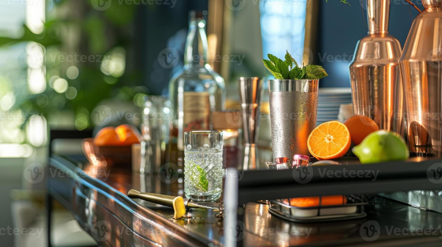 A decorative bar cart stocked with the necessary tools and ingredients from the DIY mocktail crafting kit ready for a night of creative mixology photo