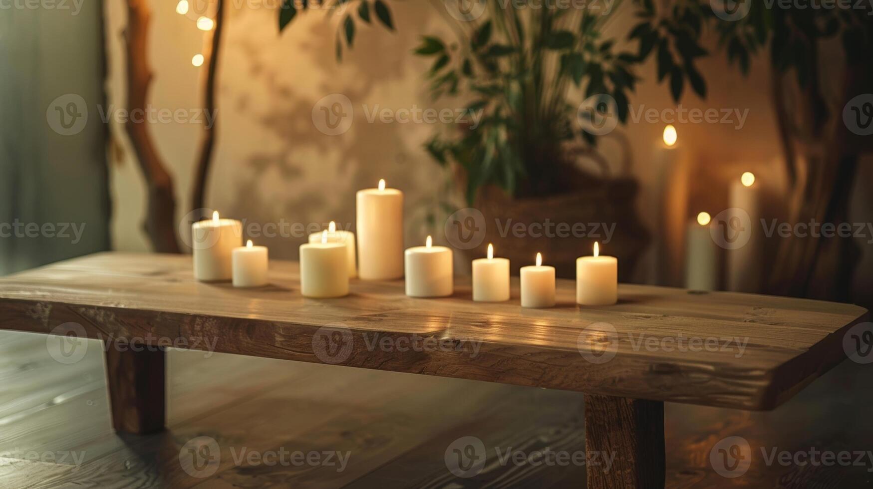 A simple wooden bench in the center of the room surrounded by candles beckons for a peaceful moment of mindful breathing. 2d flat cartoon photo