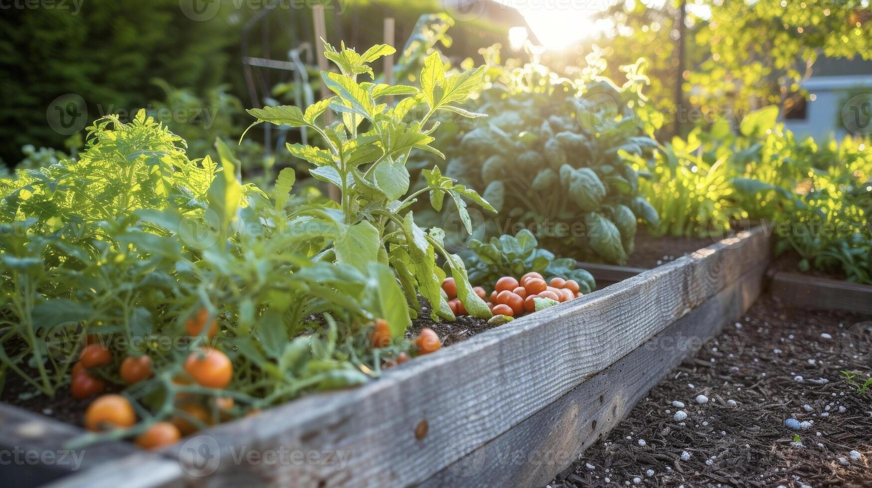 A shot of a raised garden bed with a vegetable patch growing abundantly showcasing how even small spaces can be utilized for sustainable gardening and growing your own food photo