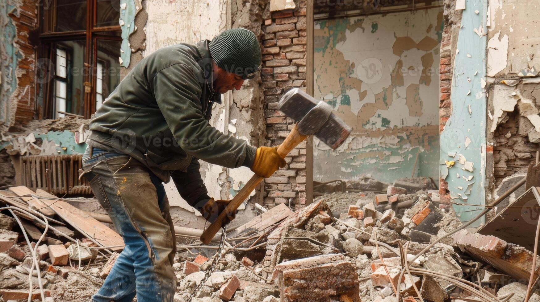 A demolition worker using a sledgehammer to break apart the remaining structure of a derelict building photo