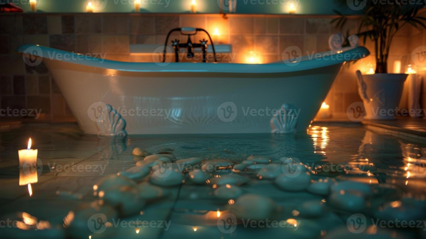 A clawfoot tub surrounded by an array of candles casting a soft light on the walls and reflecting off the water. The gentle sound of music can be heard in the background 2d flat cartoon photo