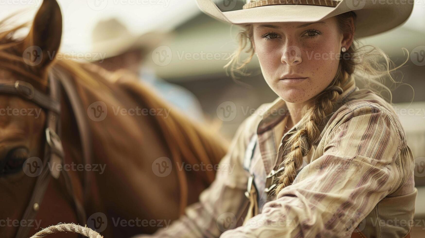 A cowgirl looking fierce and fearless as she grips onto the reigns of her horse ready for a challenging roping run during practice photo
