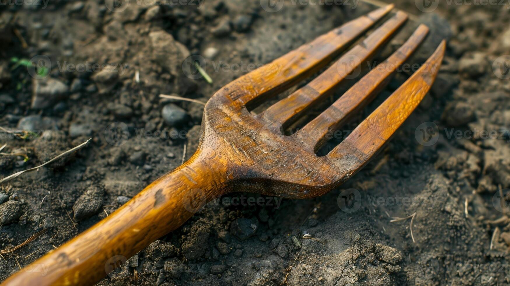 A closeup of a beautifully crafted wooden garden fork with a smooth polished surface perfect for loosening soil and aerating the land photo