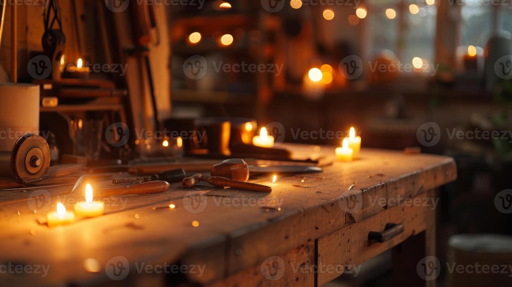 An old wooden workbench serves as a central hub for tools and materials surrounded by candlelight. 2d flat cartoon photo