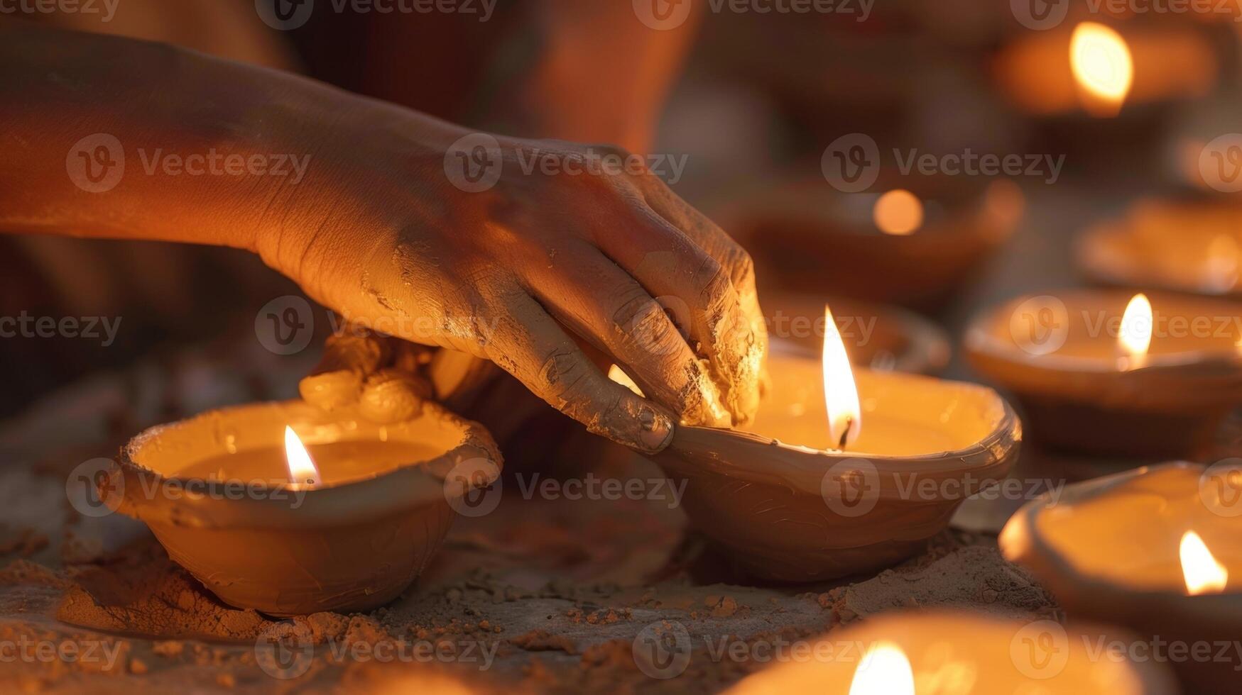 Meticulous hands shaping and molding clay guided by the dancing flames of candlelight. 2d flat cartoon photo