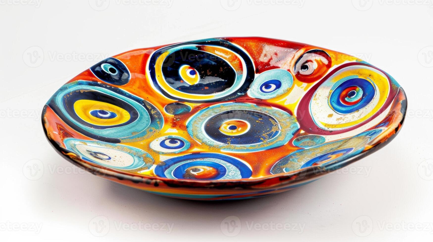 A ceramic plate with a bold and colorful pattern created through the layering technique where multiple layers of glaze were applied. photo