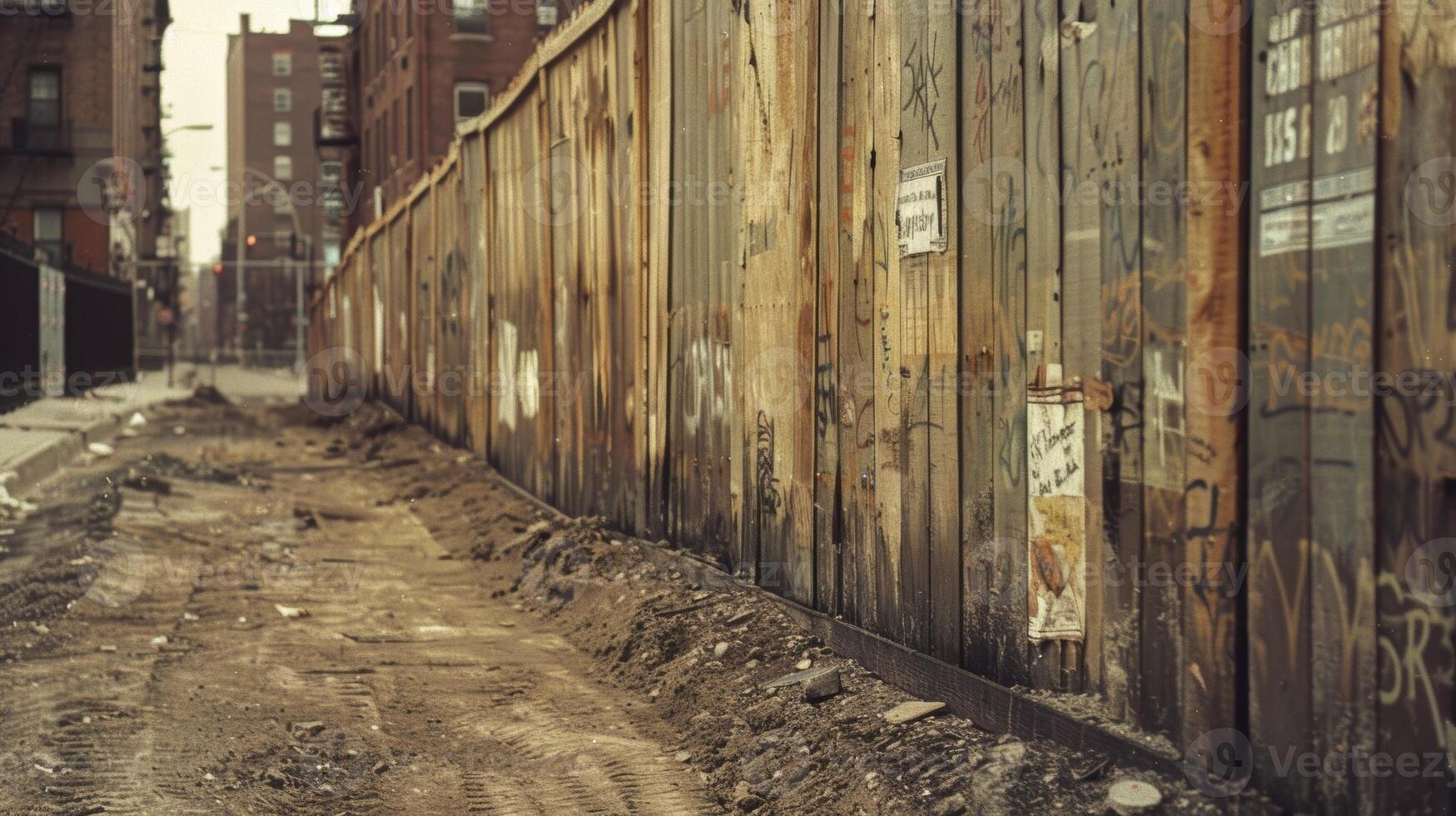 A vintage photo of an oldfashioned wooden fence covered in faded construction notices standing sentinel around a construction site in its early stages