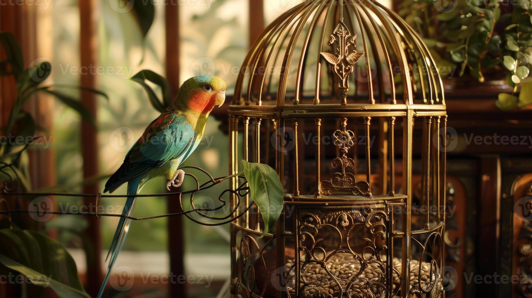 A fancy birdcage stands in a corner of the room complete with a golden frame and intricate details housing a brightly colored parakeet who enjoys gourmet seed mix photo