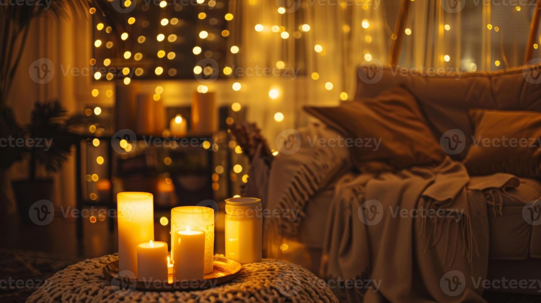 A floor lamp with a warm golden light shines down on the reading nook highlighting the various candles tered around the space. 2d flat cartoon photo