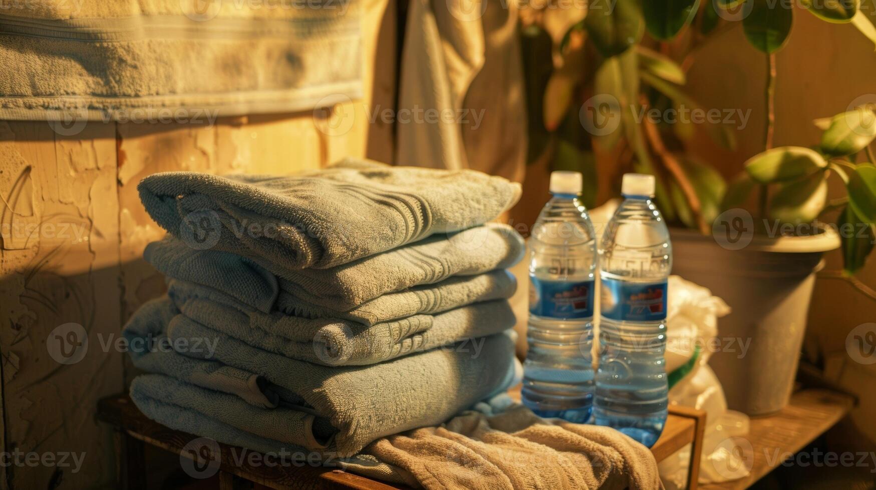 A stack of towels and water bottles ready for veterans to use during their sauna therapy. photo