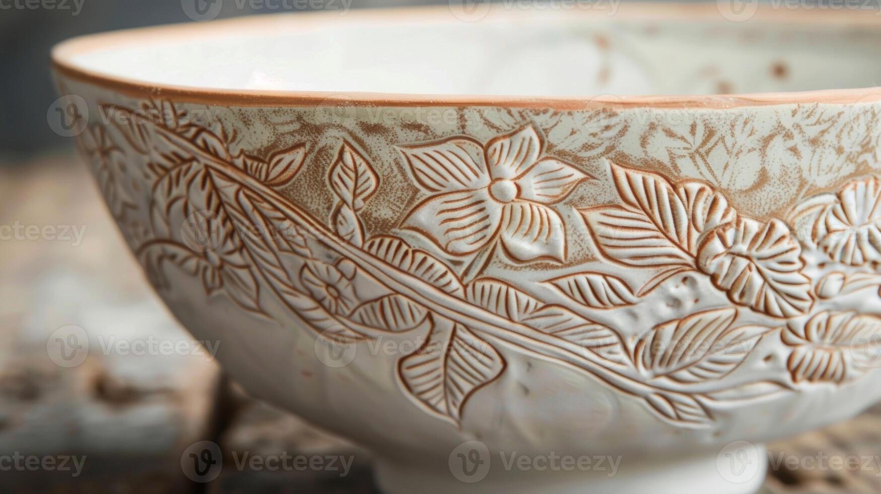A handstamped pottery bowl with the makers signature adorned with intricate botanical designs. photo
