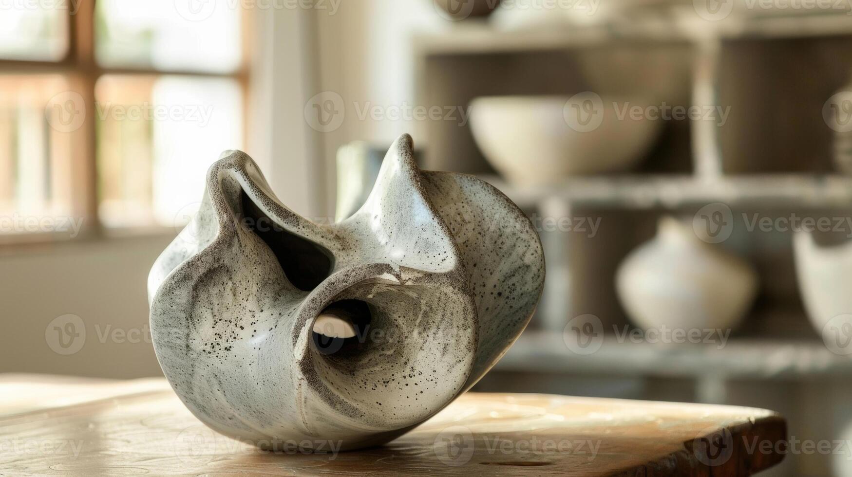 A ceramic vase with a sculptural form featuring abstract shapes and outs that add an artistic touch to any room. photo