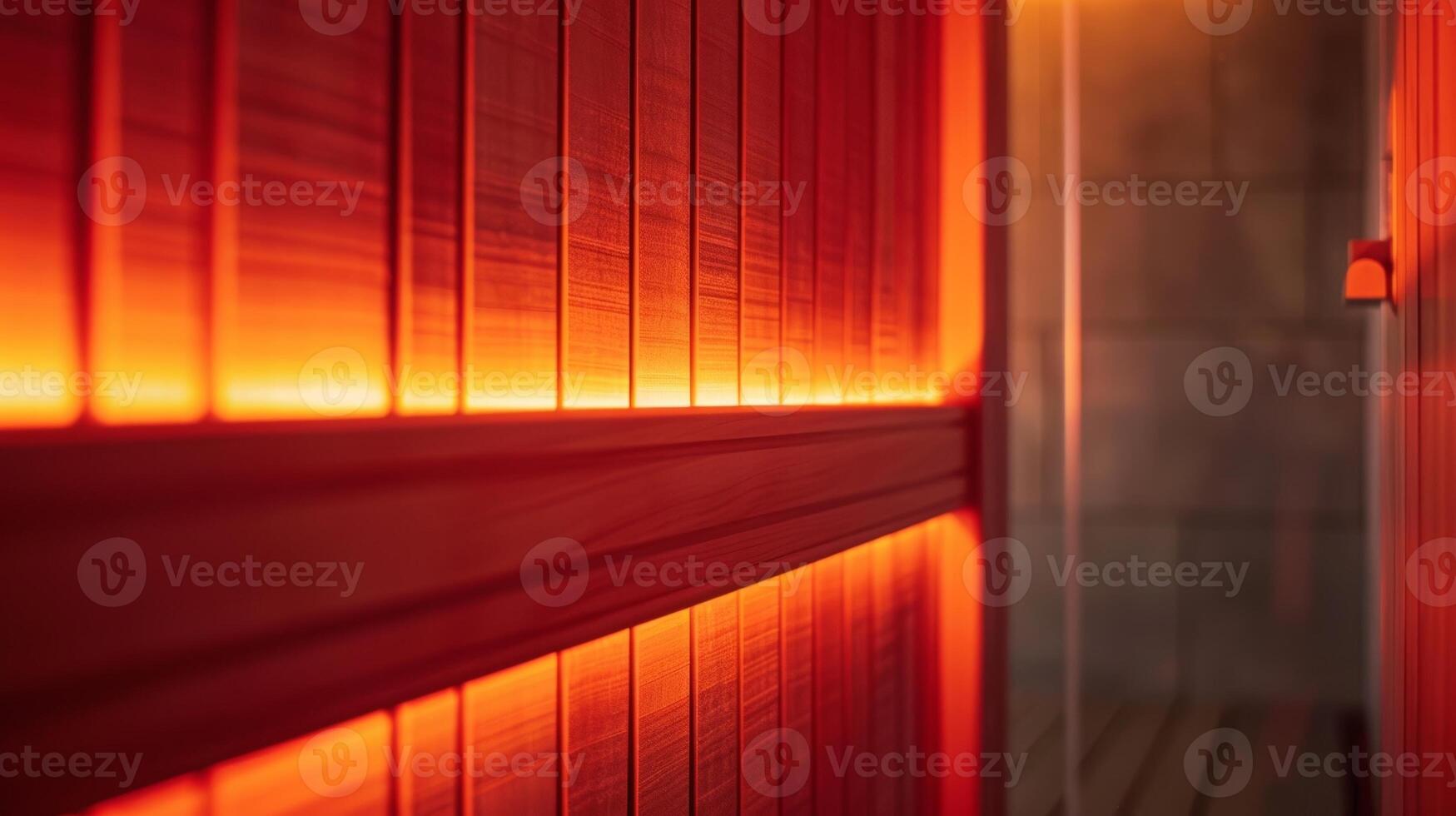 The sauna panel glows with a warm red hue casting a calm and soothing light throughout the room. photo