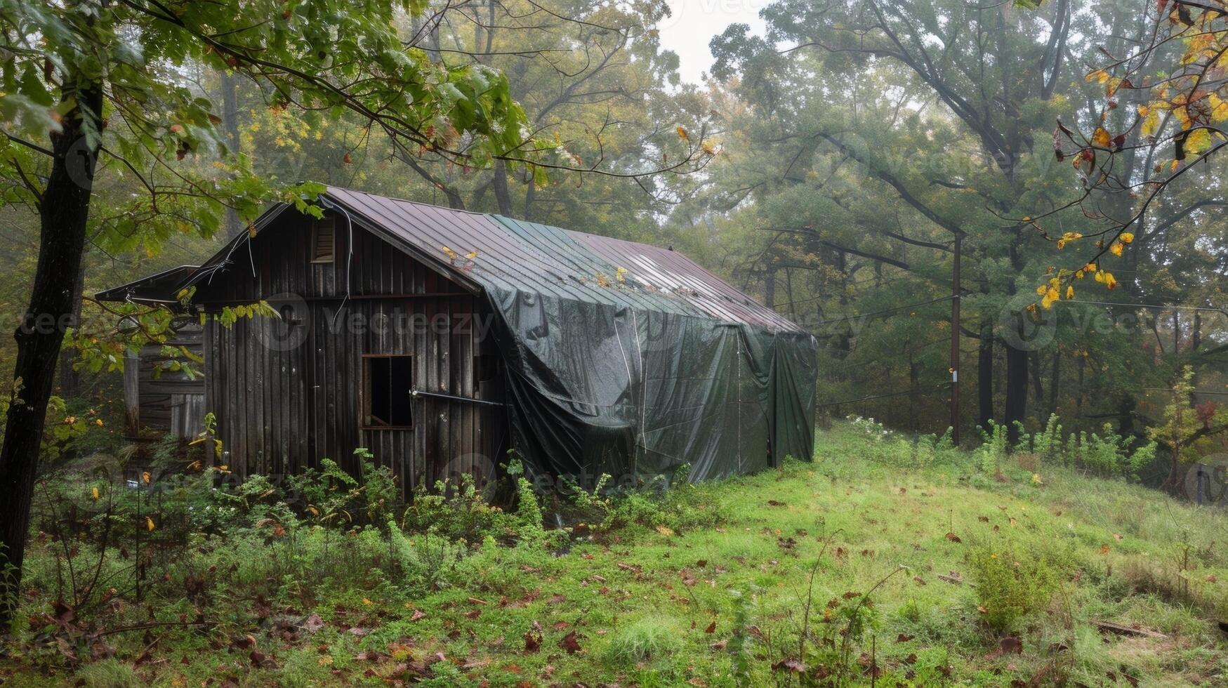 A tarp covering a section of the building protecting it from the heavy rain photo